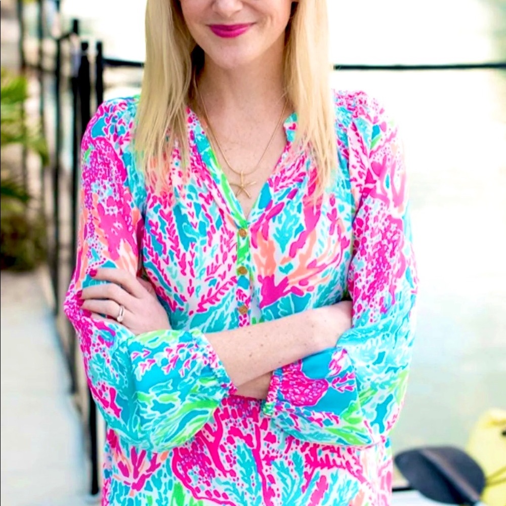 Tunique/blouse Lilly Pulitzer Sarasota Avec Perles - Couleur Turquoise Et Rose Lets Cha Cha - Taille S - Neuf Avec étiquettes